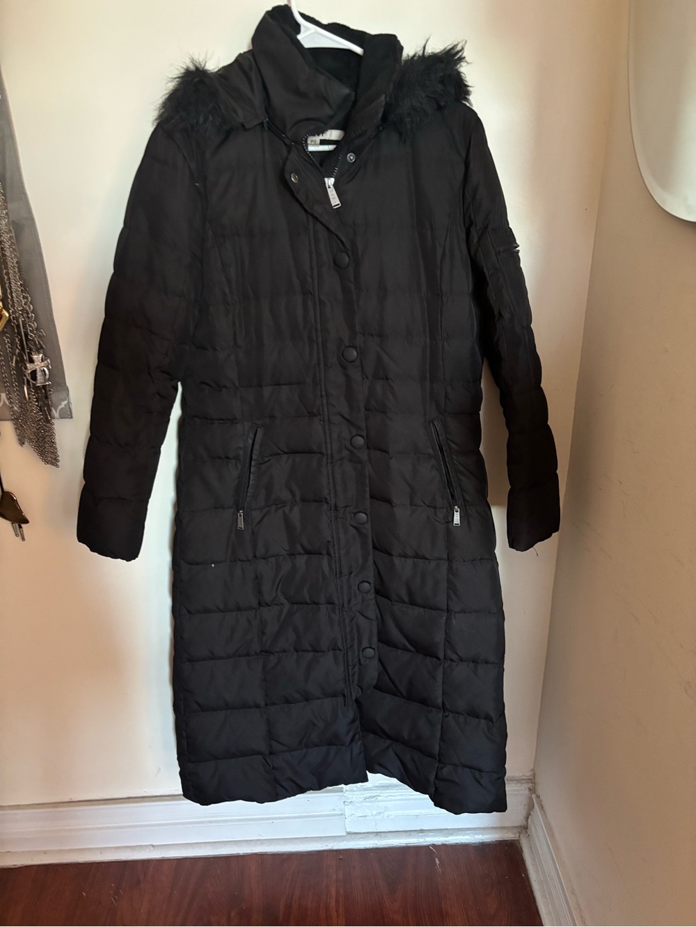 DKNY Black Long Quilted Puffer Coat with Faux Fur Trim